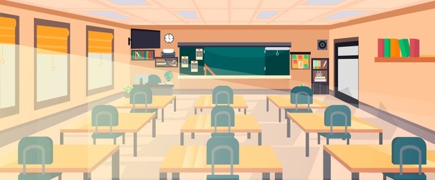 vector classroom interior at the school, university, institute, college. educational concept, blackboard, desks, office supplies. training room illustration. lesson for teaching and learning.