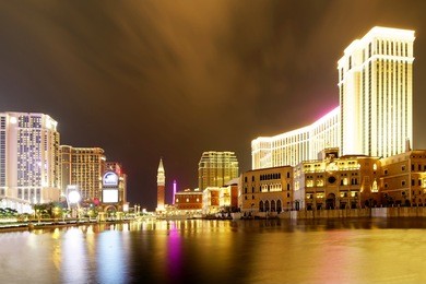 night scenery of the grand exterior of the venetian macao among buildings of luxury hotels & extravagant casino resorts in macau, china, with beautiful reflections of colorful neon lights in the water