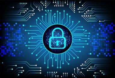 safety concept, closed padlock on digital background, cyber security, blue abstract hi speed internet technology background illustration. key vector