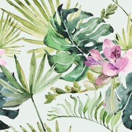 watercolor ornament with tropical flowers and green leaves for 
wedding invitations, holiday, greeting cards, posters, books, 
envelopes, photo album. illustration on isolated 
background.