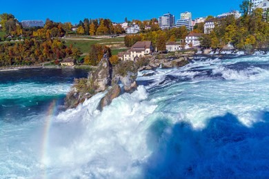 the rhine falls near zurich at indian summer, largest waterfall in switzerland