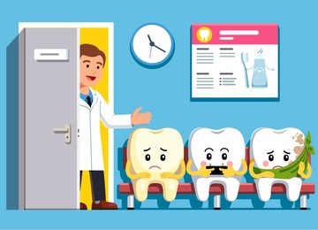 smiling and upset cartoon teeth characters sitting in line at dental clinic office waiting room. cheerful dentist inviting next patient. dental clinic and dentistry concept. flat vector illustration