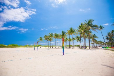 rainbow volleyball court on the beach. south beach, miami beach, florida, usa. 