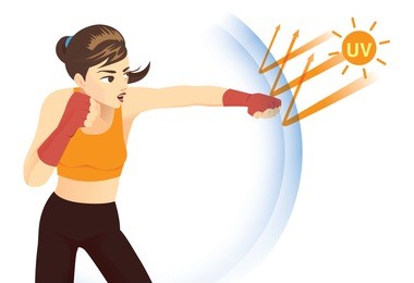 woman reflect uv ray with punching. concept illustration about skin protection from sunlight.