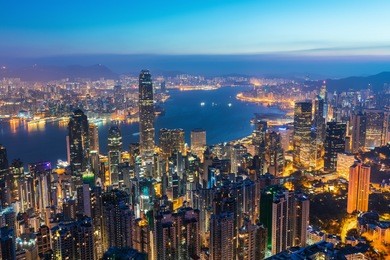 amazing panorama view on hong kong city from the victoria peak, china