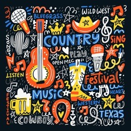 country music illustration set for postcards or festival banners. vector handdrawn concept.