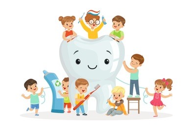 little children take care of and clean a large, smiling tooth. colorful cartoon characters