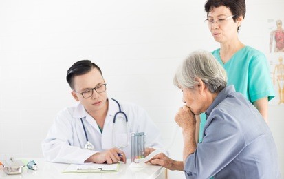 pulmonary function test, asian doctor sctreening old female, elderly health check up