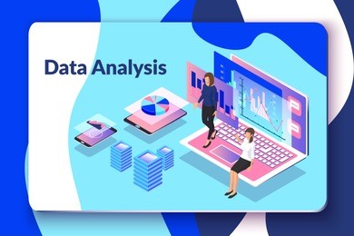 data analysis vector illustration with isometric people, laptop, smartphone, tablet, graphs. business concept of working process. presentation of information analytics using technology and software