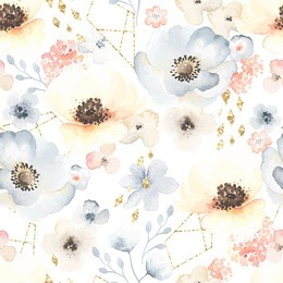 seamless floral pattern with flowers anemone in vintage watercolor style and decor of golden texture. vector illustration on white background.