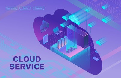 cloud data storage 3d isometric infographic illustration, landing page layout, vector web template, smart modern technolodgy concept with gadgets, smartphone, laptop, ultra violet colors