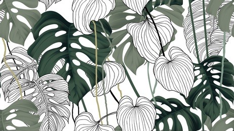 floral seamless pattern, green, black and white split-leaf philodendron plant with vines on white background, pastel vintage theme