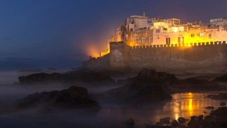 essaouira castle and port on the atlantic coast in morocco, north africa at night