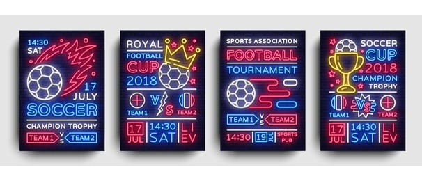 soccer collection posters neon vector. football cup championship 2018 postcard, flyer design template, light banner, brochure soccer championship, invitation to european football, typography. vector