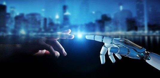 white cyborg finger about to touch human finger on city background 3d rendering