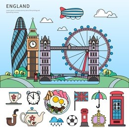 thin line flat design of big ben, tower bridge, ferris wheel. english attributes in the phone booth, umbrella, crown, tea pot isolated on white background