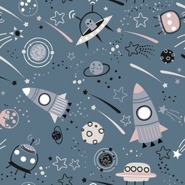 baby seamless pattern - space, spaceships and planets with stars. trendy kids vector background. cosmos wallpaper.