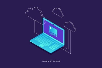 concepts cloud storage. laptop on blue background. synchronization and storage of data. 3d isometric flat design. vector illustration.