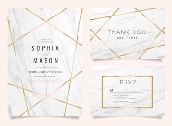 luxury wedding invitation cards with gold marble texture and geometric pattern vector design template