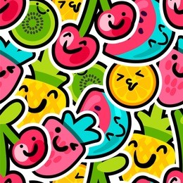 berries and fruits mix pattern - lovely funny and bright painted pineapple, orange, watermelon and cherries with kiwi with black outline. for kids prints. vector illustration