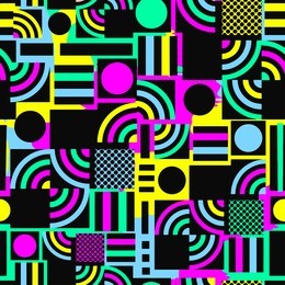 memphis style hand drawn textured seamless pattern.retro flavour trendy geometric elements painted with colorful ink brush strokes.