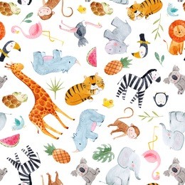 cute watercolor pattern safari, different tropical animals, zebra, lion, tiger, turtle, rhinoceros, toucan bird, penguin, ostrich, koala, flamingo, elephant, hippopotamus, giraffe, monkey. palm leaves