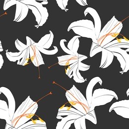 beautiful black and white seamless pattern with lilies. hand-drawn contour lines. design greeting card and invitation of the birthday, valentine's day, mother's day, other holiday. black background.