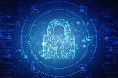 2d illustration safety concept: closed padlock on digital background