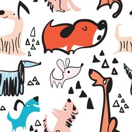 childish seamless pattern with hand drawn dogs. trendy scandinavian background. perfect for kids apparel,fabric, textile, nursery decoration,wrapping paper