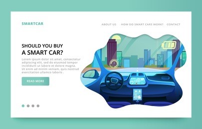 landing page design with futuristic car interior illustration, interface car elements flat vector illustration. clean site design with slider.