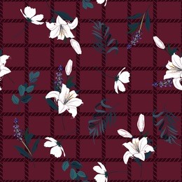 beautiful seamless pattern spring branch delicate and beautiful white lily blooming flowers vector on hand drawn grid rope check for fashion fabric ,wallpaper on maroon color