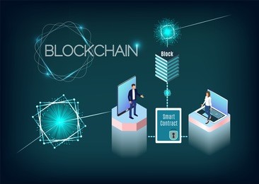 blockchain technology vector illustration with isometric people, laptop and tablet. process of digital secure transaction by using smart contract.