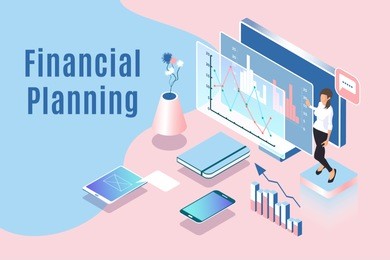 financial planning vector illustration with isometric woman character, devices, graphs and charts. business concept of working process. presentation of data analysis using technology and software