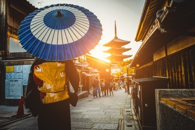 japanese woman wearing traditional dress at yasaka pagoda, kyoto