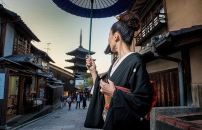 japanese woman wearing traditional dress at yasaka pagoda, kyoto