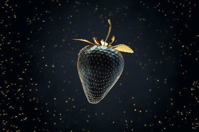 black strawberry with gold leaves floating in the air among gold seed. 3d render