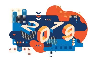 2019 colored memphis style. banner with 2019 numbers. vector new year illustration.
