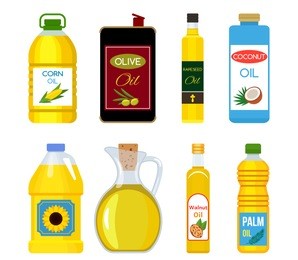 a large set of different packaging and bottles with different types of oil - sunflower, rapeseed, walnut, olive, coconut, palm. flat vector illustration isolated on white background