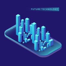 smartphone with graphs in isometric design style on colored background. graphic concept for your design.