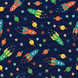 rocket flying with planet, diamond, star. a playful, modern, and flexible pattern for brand who has cute and fun style. repeated pattern. happy, bright, and magical mood. 