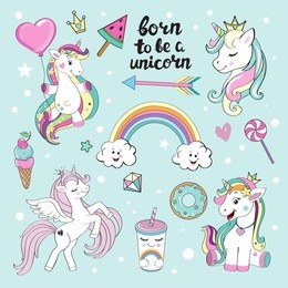 set of beautiful unicorns with pop art elements