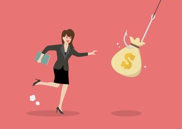 business woman try to pick money bag from hook trap. money as trap business concept