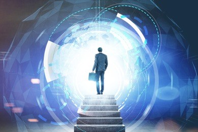 rear view of a businessman with a suitcase entering a portal. hud immersive interface. concept of hi tech. toned image double exposure elements of this image furnished by nasa