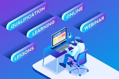 learning poster, sitting man at work, isometric concept. can use for web banner, infographics, hero images. flat isometric vector illustration isolated on generic background.