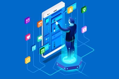 mobile user, company interface of office application. developer working on ui experience. can use for web banner images. flat isometric people, vector illustration isolated on generic background.
