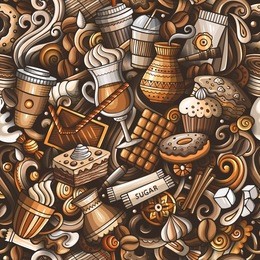 cartoon cute doodles hand drawn coffee shop seamless pattern. colorful detailed, with lots of objects background. endless funny vector illustration. all objects separate.