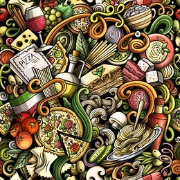 cartoon cute doodles hand drawn italian food seamless pattern. colorful detailed, with lots of objects background. endless funny vector illustration. all objects separate.