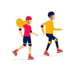 man and a woman ride on roller skates, sports, activity. flat illustration isolated on white background.