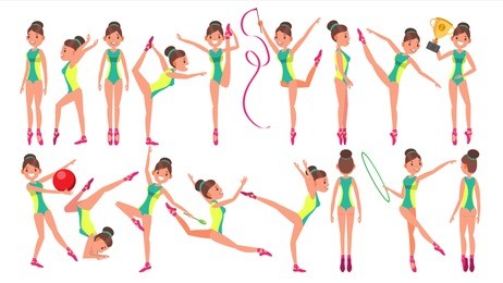 gymnastics female player vector. gymnastic hoop. demonstrate. presentation. playing in different poses. woman. athlete isolated on white cartoon character illustration