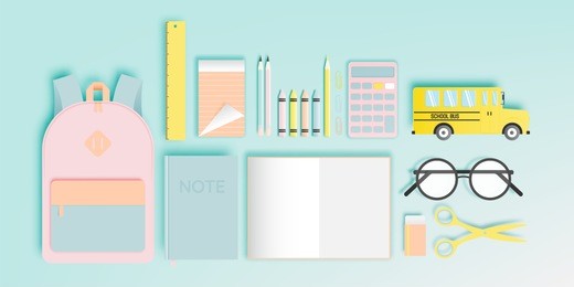 various stationery for back to school in paper art style with pastel color vector illustration